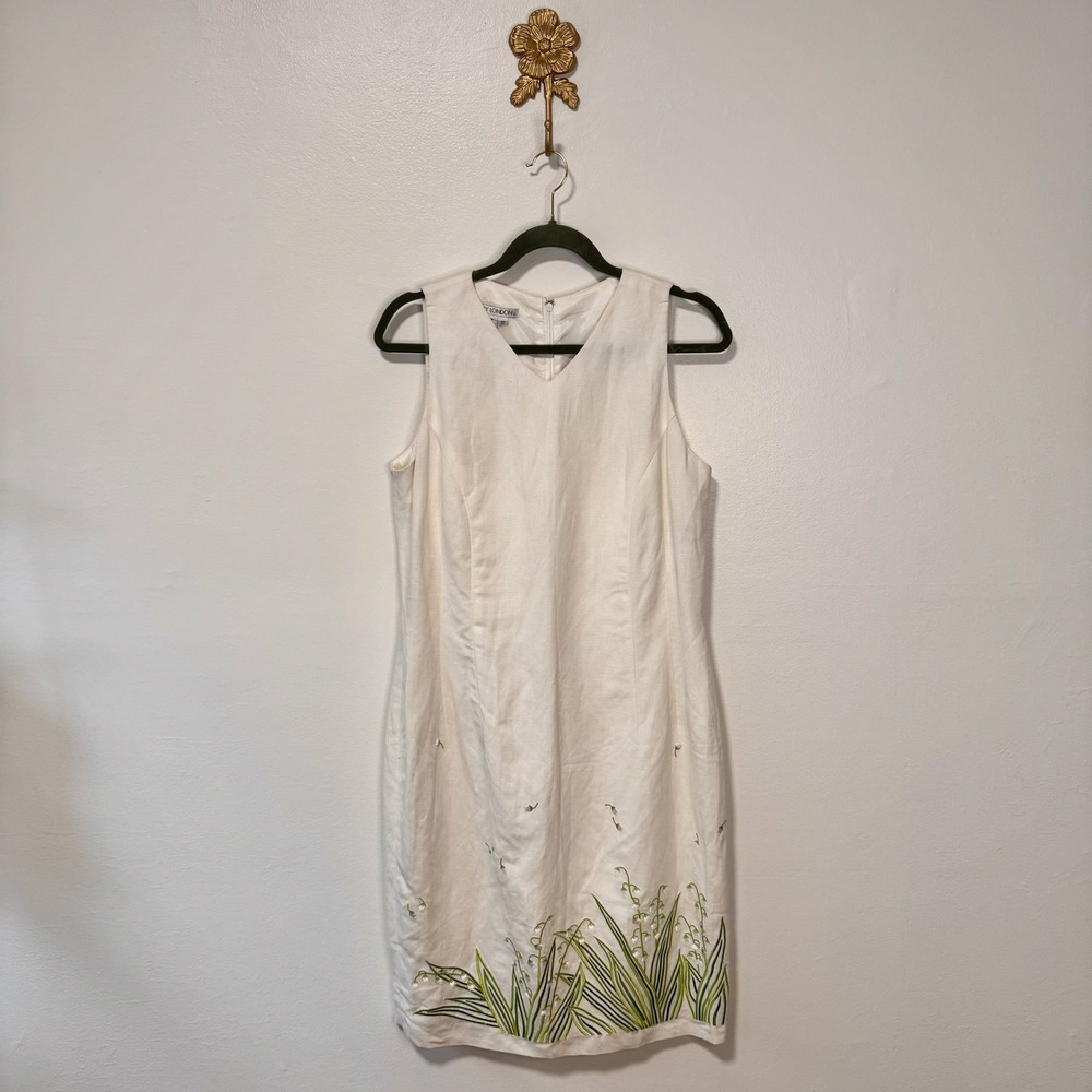 VTG Y2K White Floral Embroidered Linen Blend Sheath Dress Maggy London 12 Lily
